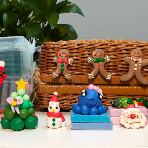 70 Color Polymer Clay Kit With Oven Bake Clay For Kids And Adults Diy Sculpting Molding Clay Set With Tools And Jewelry Accessories Arts And Crafts Gift For Boys And Girls Safe Non Toxic Craft Kit showing festive sculptures