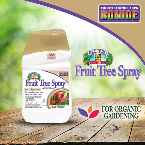 Fruit Tree Spray bottle on wooden surface, 16 oz for organic insect and disease control on apple, pear, citrus, nut trees.
