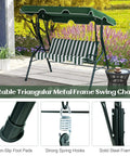 Three Person Porch Swing With Canopy And Removable Cushions, Heavy Duty Powder Coated Steel Frame, Outdoor Patio Swing, Green.