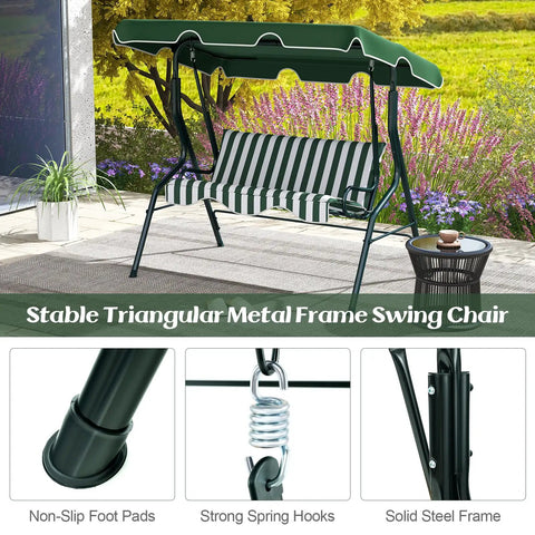 Three Person Porch Swing With Canopy And Removable Cushions, Heavy Duty Powder Coated Steel Frame, Outdoor Patio Swing, Green.