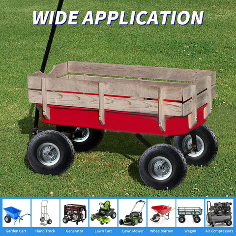 Red garden cart with Two Pack 10 Inch Pneumatic Wheel Set With 4.10/3.50-4 Tire And 5/8 Inch Bearings, 2.2 Inch Offset Hub