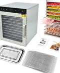 Rock Solid 10 Tray Food Dehydrator With Slick Digital Controls And Strong 800W Motor For Drying Fresh Jerky Fruit And Vegetables, stainless steel, open door view.