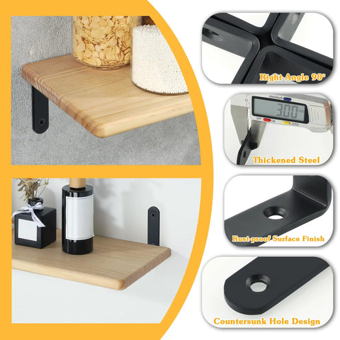 Heavy Duty L Shelf Brackets 5 By 3 Inch Badass Matte Black Floating Wall Mount Kit on wooden shelf with decor.