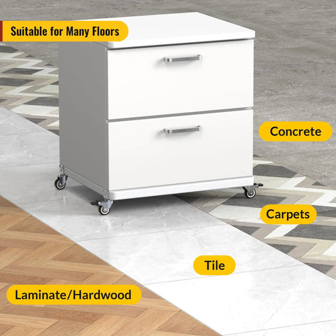 No Fuss Side Mount Casters 2 Inch L Shaped Rubber Furniture Wheels Set Of 8 With Wheel Brakes on a white storage unit.