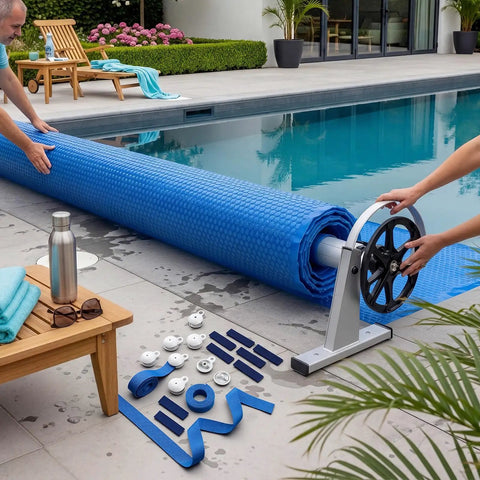 Complete 36 Piece Solar Cover Reel Attachment Kit For Inground Swimming Pool includes blue straps and clips for secure coverage.