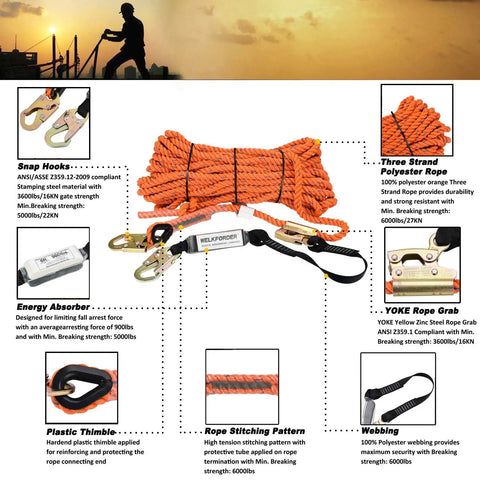 Heavy Duty 100ft Vertical Lifeline Assembly With Three Strand Rope, Snap Hooks, Shock Absorber, ANSI Compliant, construction gear