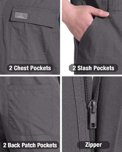 Men's Short Sleeve Coveralls Lightweight Breathable Mechanic Work Jumpsuit Summer showing pockets and zipper details