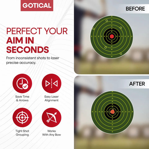 Before and after target accuracy with Arrow Laser Sight for Bow and Crossbow, Tactical Archery Red Dot Bore Sight, Quick Bore Sighting Tool