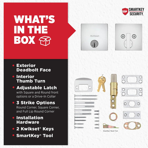 Downtown Deadbolt Lock With SmartKey Rekey Security Polished Chrome Exterior Keyed Front Door Lock components includes
