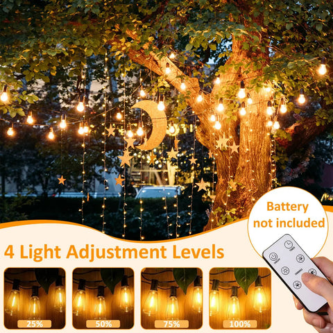 48Ft LED Outdoor String Lights With Dimmer illuminating a tree, remote control in hand, showcasing 4 brightness levels