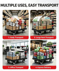 Heavy Duty Push Cart Dolly Platform Truck Flatbed With Foldable Fence And 882 Lb Capacity 5 Inch Silent TPR Wheels Your Warehouse Garage Office Hotel Workhorse For Daily Hauling, black metal cart with boxes in warehouse