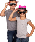 Children wearing Neon Fedora Party Hats And Sunglasses Set For 80s Gangster Theme, Glow Party Accessories