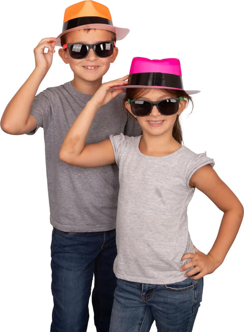 Children wearing Neon Fedora Party Hats And Sunglasses Set For 80s Gangster Theme, Glow Party Accessories