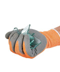 Close-up of ANSI A3 Cut Resistant Gloves with Latex Rubber Coated Grip for Gardening, holding broken glass. Size Large Orange.