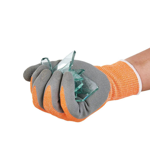 Close-up of ANSI A3 Cut Resistant Gloves with Latex Rubber Coated Grip for Gardening, holding broken glass. Size Large Orange.
