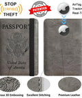 Grey passport holder wallet with RFID blocking, leather card case, tracker slot, embossed design, pen loop, front and back view.