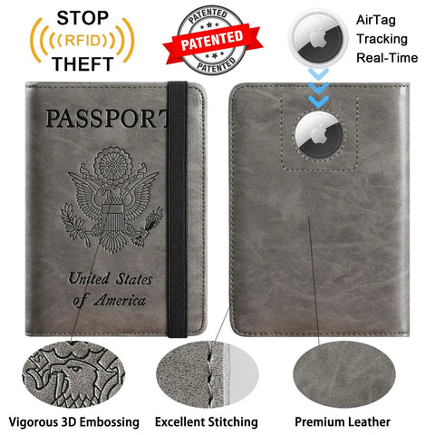 Grey passport holder wallet with RFID blocking, leather card case, tracker slot, embossed design, pen loop, front and back view.
