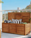 Acacia Wood Deck Box Bench 47 Gallon Outdoor Storage Chest With Seating on patio, holding cushions, natural finish