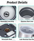 4 In 1 Milk Frother And Steamer For Home Barista-Grade Drinks, One-Touch Hot Or Cold Froth, Milk Warmer, And Hot Chocolate Maker, Large Capacity For Lattes, Cappuccinos, Macchiatos, And Iced Coffee At Home, showing details like removable foam ring, stainless steel liner, detachable base, and leak-resistant seal ring.