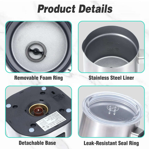 4 In 1 Milk Frother And Steamer For Home Barista-Grade Drinks, One-Touch Hot Or Cold Froth, Milk Warmer, And Hot Chocolate Maker, Large Capacity For Lattes, Cappuccinos, Macchiatos, And Iced Coffee At Home, showing details like removable foam ring, stainless steel liner, detachable base, and leak-resistant seal ring.