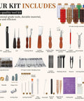 Image of All In One Leather Tool Kit For Crafting And Leatherwork, Pro Grade Leathercraft Set With Storage Bag, showing various tools.