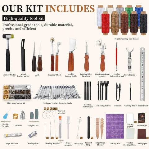 Image of All In One Leather Tool Kit For Crafting And Leatherwork, Pro Grade Leathercraft Set With Storage Bag, showing various tools.