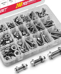 Beefy 240 Piece M5 M6 M8 Flanged Bolts and Nuts Set in Stainless Steel 304 in plastic storage box for DIY projects and repairs.