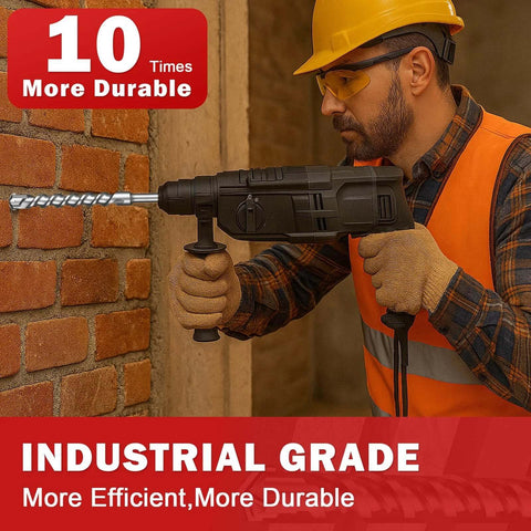 Rotary hammer drill with masonry bit drilling into a brick wall, worker wearing hard hat and safety vest.