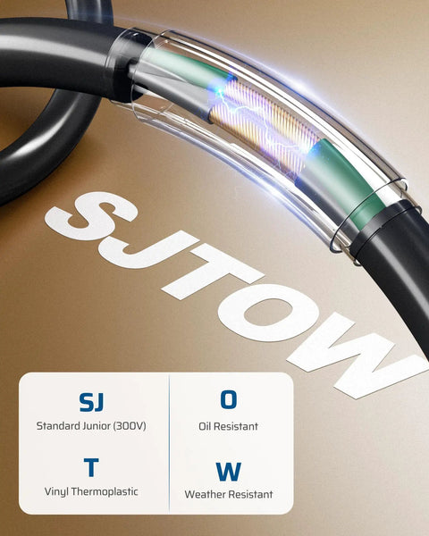30 Foot Retractable Extension Cord Reel With 16/3C SJTOW Cable Wall Mount Power Reel For Home Garage Or Workshop Easy Install Smooth Auto Rewind Tangle Free Cable Management, SJTW cable detail
