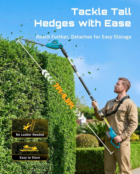 Man using 20V Cordless Pole Hedge Trimmer With 16 Inch Dual Action Blade Telescoping 8 Foot Pole Shoulder Strap for trimming tall hedges.