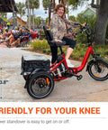 Beast Of A Ride Folding Three Wheel Electric Trike For Adults With Peak 1400W 90 Mile Range 20Ah 48V Battery UL2849 Certified Step Through Frame Differential Parking Brake Red Easy Fold, side view with rider and 13.8-inch standover
