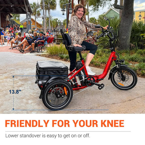 Beast Of A Ride Folding Three Wheel Electric Trike For Adults With Peak 1400W 90 Mile Range 20Ah 48V Battery UL2849 Certified Step Through Frame Differential Parking Brake Red Easy Fold, side view with rider and 13.8-inch standover