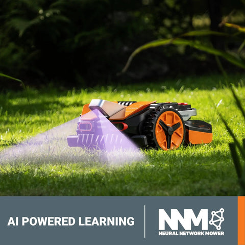 Landroid Vision Robotic Lawn Mower With AI Deep Learning HDR Camera on grass, wire free, obstacle avoidance in action