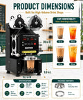 Pro Level Automatic Cup Sealer Machine For Boba And Cafe Shops Commercial Drink Capper showing dimensions of height, width, and length.