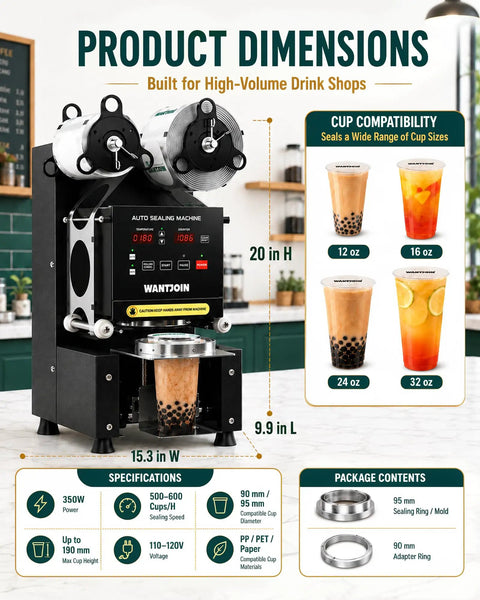 Pro Level Automatic Cup Sealer Machine For Boba And Cafe Shops Commercial Drink Capper showing dimensions of height, width, and length.