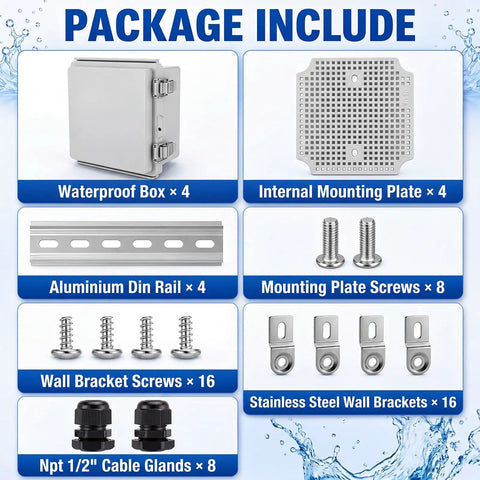 Package contents for Premium Four Pack Waterproof Electrical Junction Box Outdoor IP67 Plastic Weatherproof Enclosure Gray.