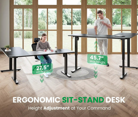 Two individuals using L Shaped Standing Desk With 63 By 55 Inch Corner Desk And Built In Charging Station for home office and gaming.