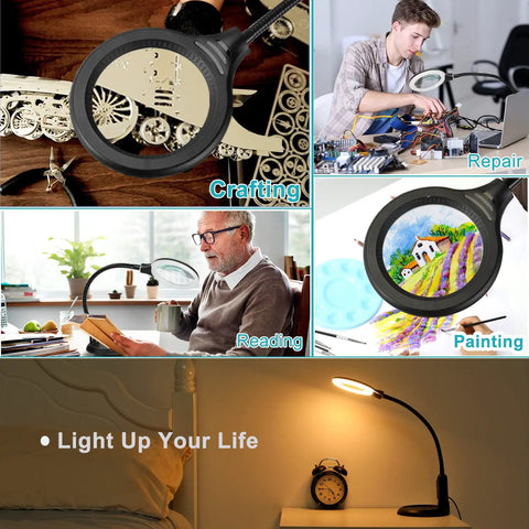 12X Magnifying Glass With Light And Clamp, Five Color Modes And Stepless Dimmer in use for crafting, reading, and painting