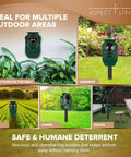 Two Pack Solar Ultrasonic Animal Repellers With Motion Sensor For Outdoor Yards And Gardens, mounted on wall and stake