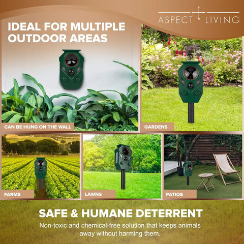 Two Pack Solar Ultrasonic Animal Repellers With Motion Sensor For Outdoor Yards And Gardens, mounted on wall and stake