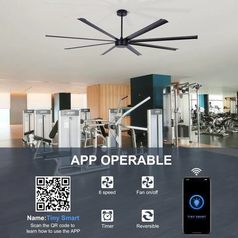 96 Inch Industrial Ceiling Fan No Light With 8 Aluminum Blades, Remote And App Control, Black, installed in gym