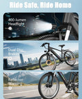 Powerful 1500W Peak Electric Mountain Bike For Adults With 7 Speed Drive 48V 12Ah Removable Battery Up To 65 Miles And 25 MPH 26 Inch Electric Bicycle For Commute Front Fork Suspension featuring 400-lumen headlight, dual disc brakes, and reflector warning.