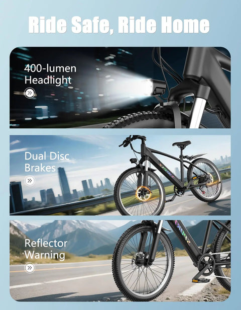 Beast Mode 1500W Peak Electric Mountain Bike For Adults With 48V 12Ah Removable Battery, 26 Inch Wheels; features and city view.