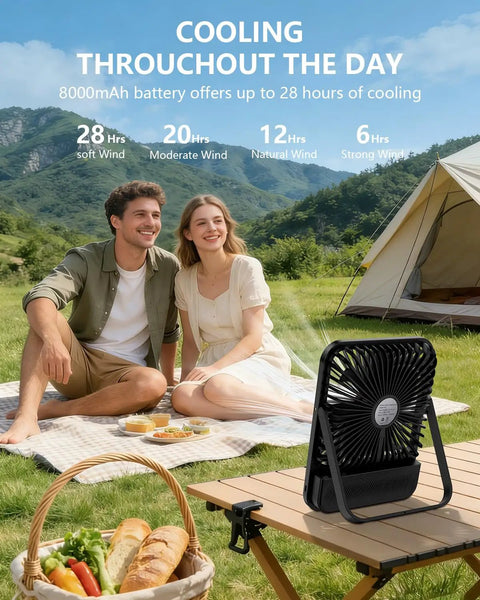 Ultra Thin 7 Inch Portable Travel Fan Must Have With 8000mAh Battery, 28 Hours Runtime beside couple on picnic.