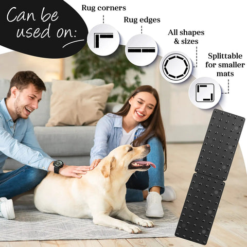 8 Pack Non Slip Rug Grips For Mats And Rugs Self Adhesive Pad Strips shown with couple and dog on hardwood floor