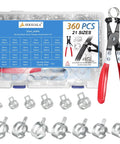 360 Pieces 5 To 25 Millimeter Spring Band Hose Clamps Assortment Kit With Swivel Flat Hose Clamp Plier displayed with red-handled plier
