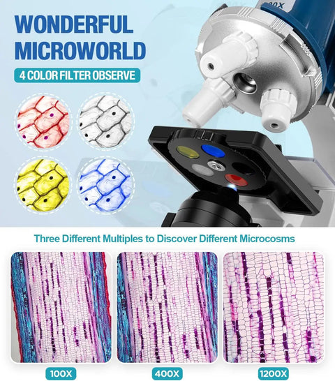 Microscope lenses and colored filters of Hands On Kids Microscope Kit With 100X To 1200X Magnification Metal Body LED Light Carrying Case
