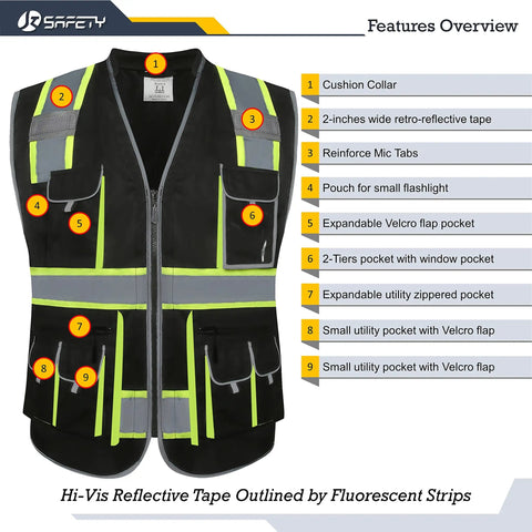 Hi Vis Safety Vest With 10 Pockets, Zipper Front, Cushioned Collar, Extended Neon Yellow Reflective Strips, Unisex Lightweight Durable Work Gear, Easy Care Machine Washable, Meets ANSI ISEA Standards, X Large