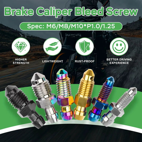 Tough As Nails Rust Free Titanium Brake Bleeder Bolts For Motorcycle Calipers in various colors and sizes, perfect for upgrades.