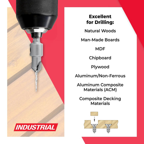 Built Tough 82 Degree Carbide Tipped Countersink Tapered Drill Bit One Quarter Inch Hex Shank for smooth drilling in wood and MDF.